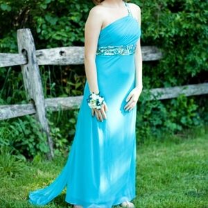 One-Shoulder Turquoise Prom Gown with Beaded Waist